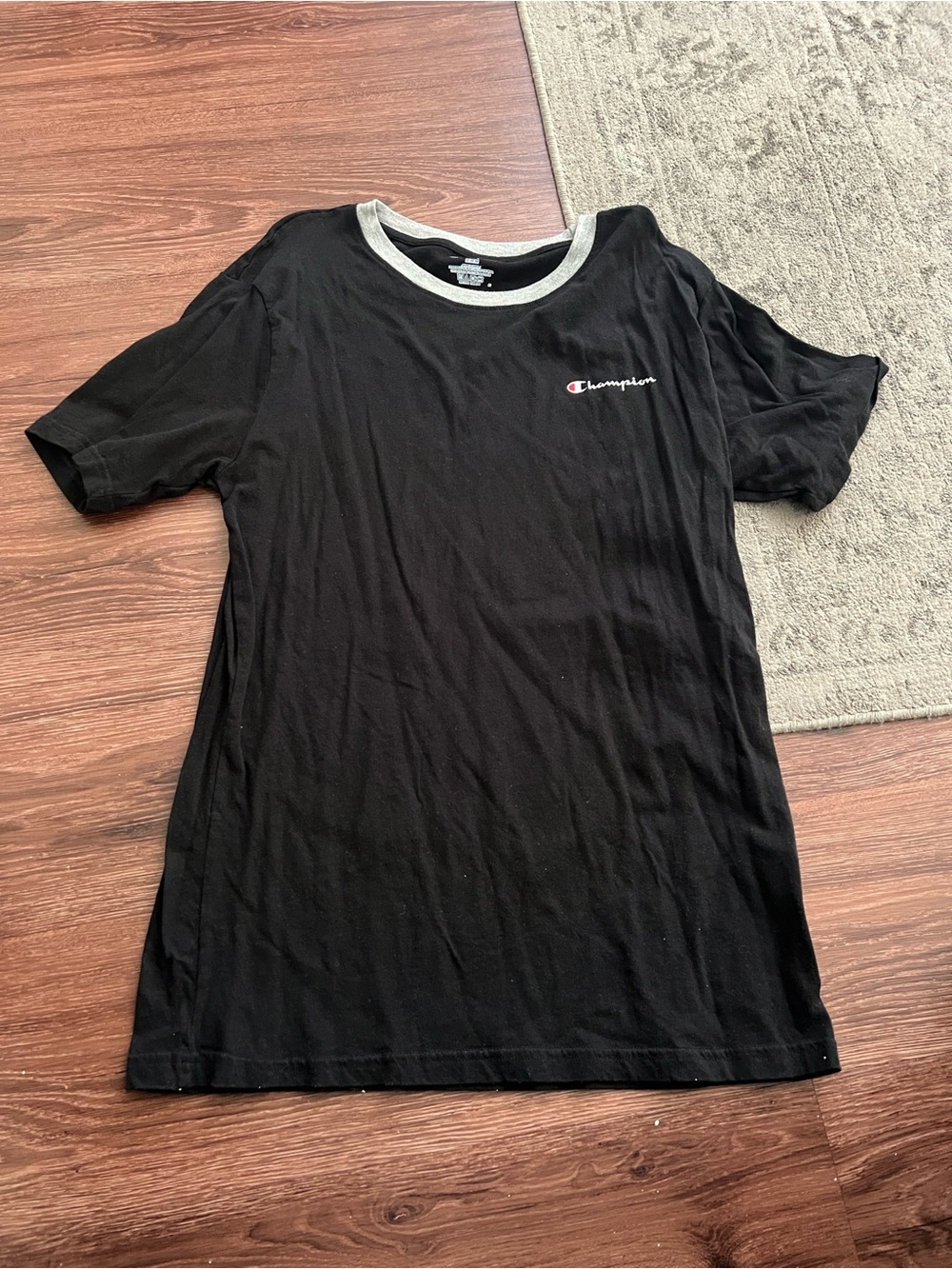 Champion Black Tee with Gray Neckline and Logo Accent